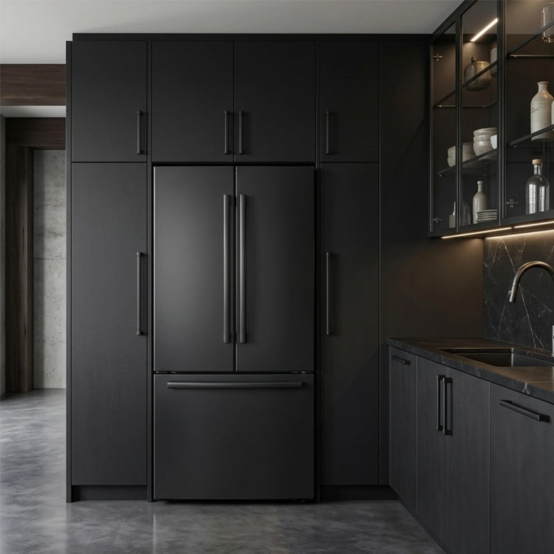 ioMabe INO27JSPF 8BM-CBM Freistehender Kühlschrank 91 cm Mattschwarz Schwarze Griffe