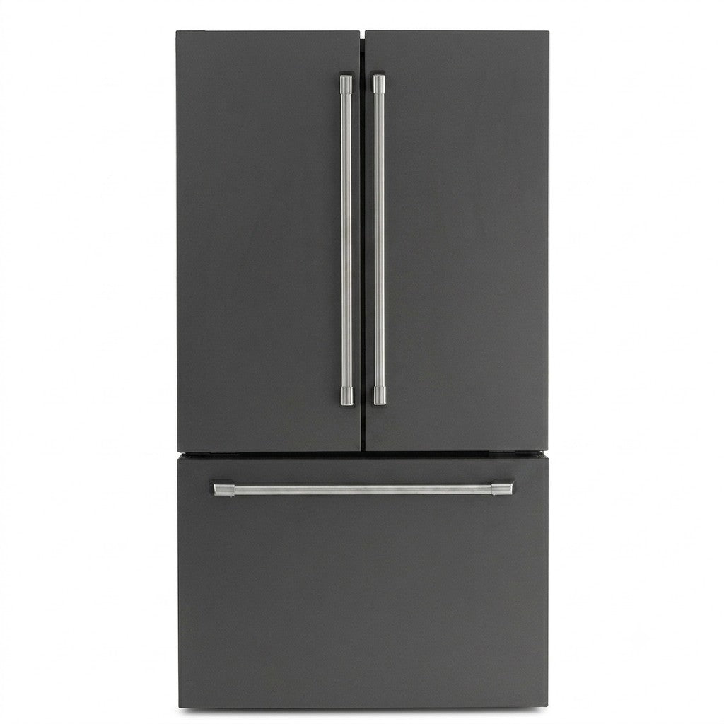 ioMabe INO27JSPF 8RAL Amerikaanse koelkast in RAL-kleur – vooraanzicht met inox café-grepen | XARO