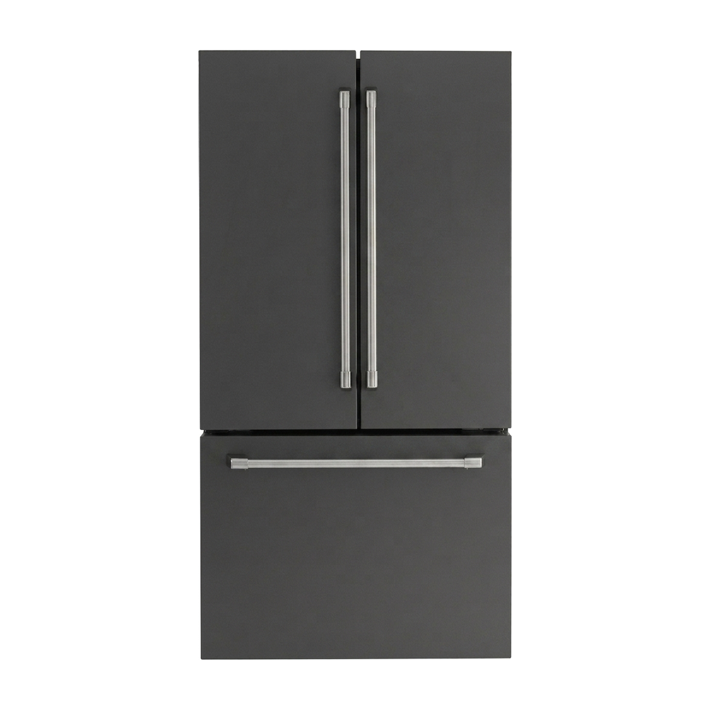ioMabe IWO19JSPF 8RAL vrijstaande French door koelkast in RAL-kleur – vooraanzicht met inox café-grepen | XARO